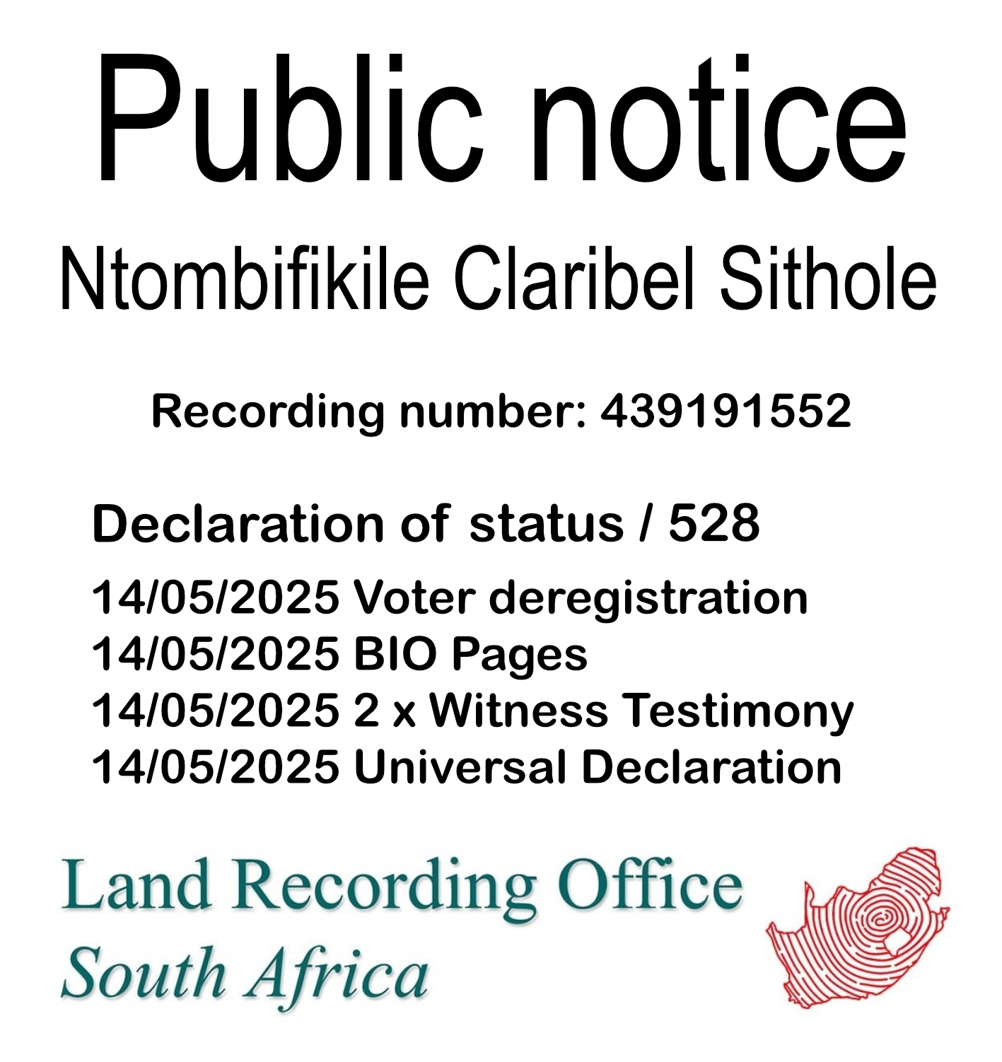 Public Notice Ntombifikile Claribel Sithole (c) Recording number 439191552